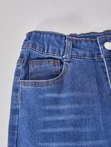 女童前口袋破洞裤脚牛仔裤，休闲Y2K复古喇叭弹力牛仔裤，适合日常穿着 - 藍色 - 查看 4