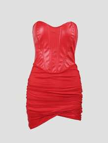 Rave Y2K Red Punk Asymmetrical Hem Ruched Boned Mesh Splicing PU Leather Tube Corset Party Club Festival Bodycon Mini Dress Valentines Clothes - Red - View 6