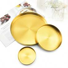 1 件不锈钢圆形收纳托盘，轻奢金属托盘，圆形化妆品和珠宝收纳盒，桌面收纳托盘，水杯托盘，茶盘，水果盘，北欧风格轻奢珠宝托盘，桌面收纳盒，拉丝高边圆形托盘，用于存放化妆品、珠宝、钥匙和杂物。 - 金色 - 查看 5