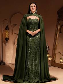 Đầm maxi dáng đuôi cá tay xòe sang trọng cao cấp AMILUCK, chất liệu chiffon đính sequin và ren, thanh lịch, thích hợp cho tiệc tối trang trọng, dự đám cưới, sự kiện thảm đỏ, váy cưới mùa xuân. - xanh quân đội - Xem 5