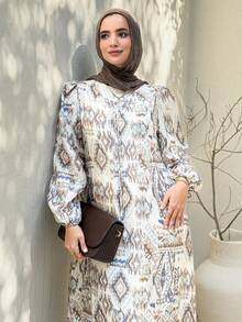 DAZY Đầm midi dài tay in họa tiết dáng suông, kiểu dáng kín đáo dành cho nữ, thích hợp mặc đi biển. - Màu be - Xem 4