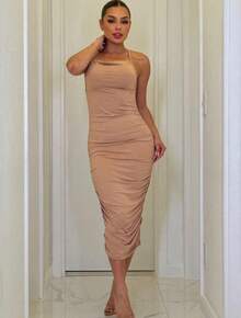 Vestido Mid Mide Midi Longo Costa Aberta Nua Com Bojo Enrugado Lateral Drapeado Tecido Poliamida Premium Moda Fashion Festa Balada Jantar Elegante Casamento Formal Primavera e Verão - Nu / Nude - Visão 2