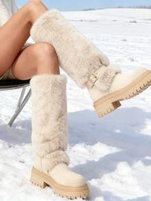 Winter Knee High Snow Boots Faux Fur Round Toe Buckle Platform Heel Boots Christmas Outfit Outdoor Plush Fashion Shoes - 米色 - 查看 3