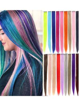 10片/包 22英寸彩色假发 黄棕紫蓝橙灰绿 接发 派对挑染 夹式直发 夹式合成挑染 适合女孩和女士日常、节日、派对、圣诞节、音乐节、狂欢节、新年礼物