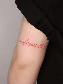 1 Red Waterproof, Sweatproof, Washable Stylish "Unforgettable" Tattoo With Cute And Bold English Handwritten Font, Designed For A Sexy Girl's Collarbone And Waist Side - Red - View 2