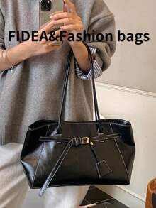 Modna damska torba typu tote w kształcie trapezu, jednokolorowa skóra ekologiczna, styl vintage, metalowa klamra, dojrzała i wysokiej jakości, odpowiednia do podróży, na zakupy, dojazdów do pracy, uniwersalna - Czarne - Zobacz 6