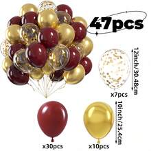 47pcs Wine Red & Gold Balloon Set, Includes Gold Metallic & Transparent Balloons, Rich & Luxurious Color Tones, Suitable For Weddings, Birthday Parties, Festivals, Proposals, And Photography Backdrops. Combines Glossy Finish And Transparent Luster For An Elegant, Romantic Ambiance And Ceremonial Atmosphere. - Burgundy - View 10