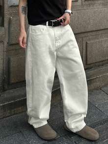 1pc Infinite Jeans Men's Casual Straight Leg Jeans, High-Quality Streetwear Comfortable Pants (Belt And Accessories Not Included) - White - View 5