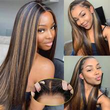 34 Inch 200% Density 1b/27 Highlight 13x4 Lace Frontal Wigs Brazilian Human Blended Hair For Women 13x4 Large HD Transparent Lace Frontal Wigs Wigs Pre Plucked With Baby Hair 12A For Women's Daily And Holiday Occasions Wig - S1B/27 - 查看 7