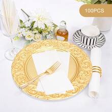 100pcs Charger Plates, 12.99in Table Charger Plates Set, PP Round Dinner Plates With Leaves Pattern Rim, Dinner Table Decorative Charger For Home Wedding Kitchen Birthday Bridal Shower Party Table Supply, Reusable Serving Plates Decor Dinner Plates, Silver Gold Green Black Charger Plates - 金色 - 查看 1