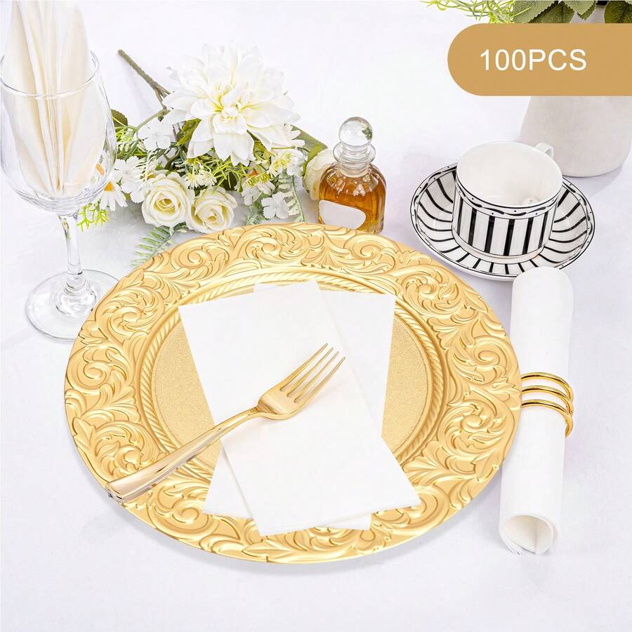 100pcs Charger Plates, 12.99in Table Charger Plates Set, PP Round Dinner Plates With Leaves Pattern Rim, Dinner Table Decorative Charger For Home Wedding Kitchen Birthday Bridal Shower Party Table Supply, Reusable Serving Plates Decor Dinner Plates, Silver Gold Green Black Charger Plates - 金色 - 查看 1
