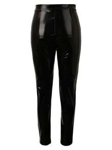 Women's Metallic Zipper Elastic Fabric High Waist Skinny Pants, PU Leather Slim Fit Y2K Style Casual Nightclub Party , Spring/Autumn Black Vacation - màu đen - Xem 2