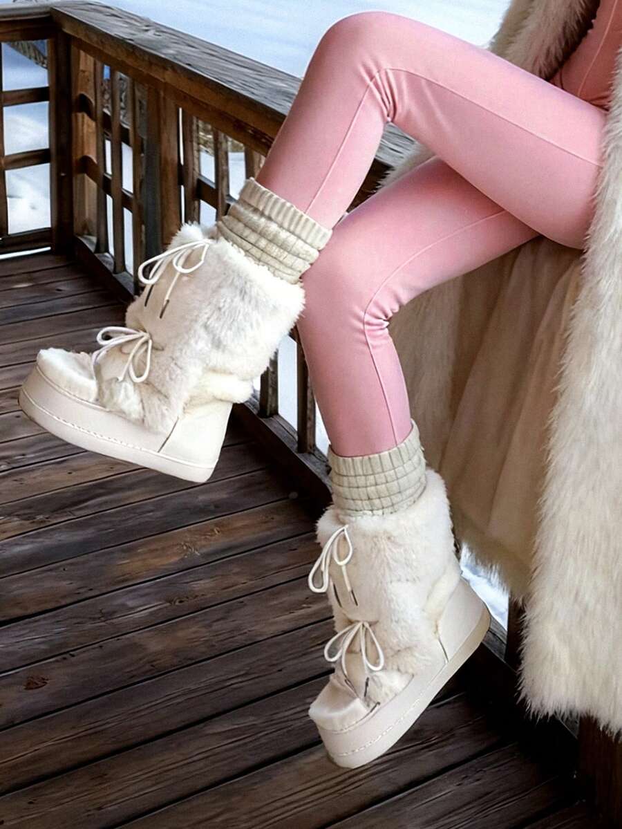 Women's Platform Fur Snow Boots Y2K Fuzzy Fluffy Furry Winter Comfy Ankle Boots For Women Round Toe Platform Lace-Up Fur Boots For Winter Daily Life And Halloween Party - 白色 - 查看 1
