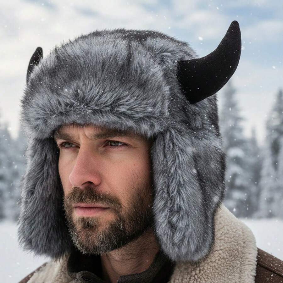 Faux Fur Trapper Hat With Horns  Ushanka Hat With Ear Flaps Warm Winter Cap For Men Women - 黑色 - 查看 1