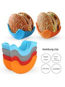 4pcs/1pc Silicone Hamburger Holder, Expandable Plastic Clamp, No-Touch Anti-Slip Hamburger Fixing Box Tray, Reusable Washable Adjustable Silicone Hamburger Stand - Multicolor - View 3