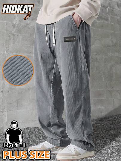 Hidkat 加大码男士灯芯绒休闲裤，抽绳腰带，适合日常休闲穿着