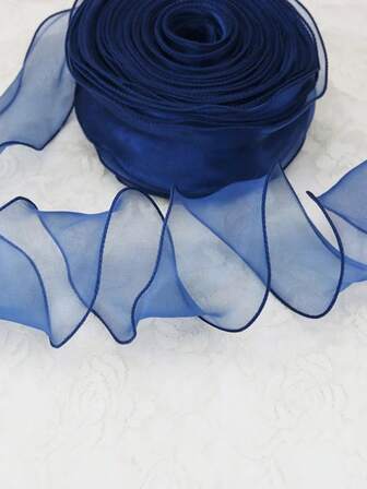 (5 Yards/Roll) 5.5 Cm Blue Wave Silk Organza Ribbon Bow Material Ribbon Hair Accessory Gift Packaging Decoration Lace