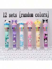 12pcs/Set Sanrio Series Acrylic Gel Pens - Yuguigou, Kulomi, Mileti, Hapag, Hello Kitty - Cute Cartoon Character Retractable Medium Point Pens, Suitable For Office & School Supplies
