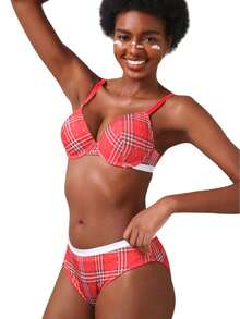 1 Set/2pcs Red Striped Underwire Bra Set - Christmas Theme, Lift & Side Fat Control, Supportive, Holiday Gift - Red - View 9