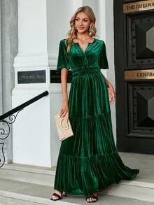 Elegant Ruched Empire Waist Flutter Sleeve Fall Formal Velvet Maxi Dress - 墨綠色 - 查看 3