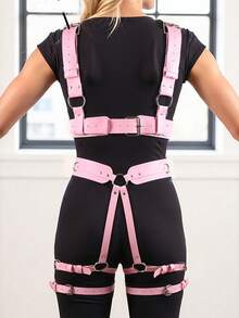 1 Set Pink Women PU Leather Thigh Garter Leg Harness Chest Gothic Stocking Belt Clothing Accessories - A - View 3