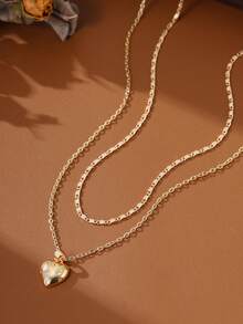 Nooxian 2件套情人节礼物：扁平铜链和心形立方氧化锆叠层吊坠项链 - 金黃色 - 查看 4