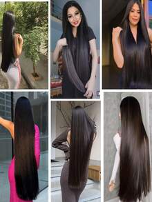 7pcs Of Women's Synthetic Hair Patches Long Straight Hair Clips Deep Black Double-Layer Weaving 16 Clips Per Piece Breathable And Comfortable Hair Accessories - Multicolor - View 6