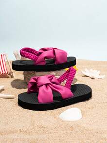 Infant Flip Flops With Elastic Strap, Easy On/Off, Solid Color Fabric With Bow Design, Suitable For Kids Daily Wear, Thick Soft Comfortable Non-Slip Indoor/Outdoor Slippers - Hot Pink - View 3