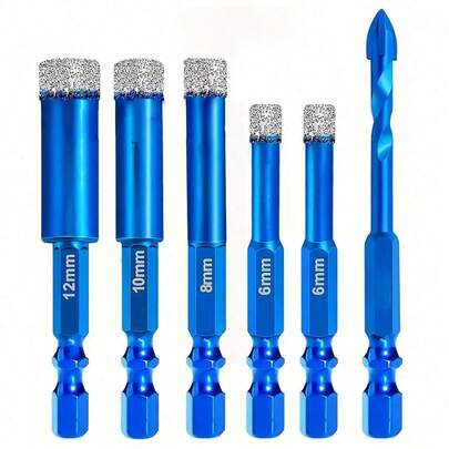 6pcs Diamond Drill Bit Set, 6mm, 6mm, 8mm, 10mm, 12mm, Includes 6mm Tungsten Carbide Drill Bits, Suitable For Hard Ceramic Tiles, Ceramics, Marble And Granite