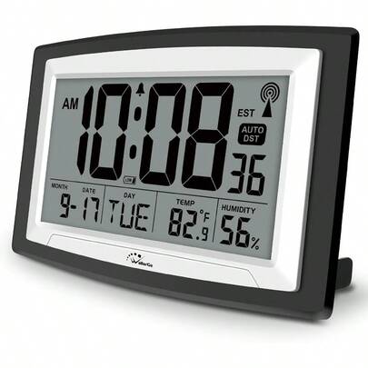 HAWTAtomic Clock With Indoor Temperature And Humidity 12.5 Inch Self-Setting Digital Wall Clock Or Desk Clock Battery Operated Digital Clock Large Display For Seniors Auto DST