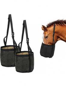 1个重型网状马用干草袋，配有可调节颈带和舒适衬垫 - 防漏马饲料袋，适合室内/室外谷物喂食，鼻垫设计确保马匹能够安全吃草。