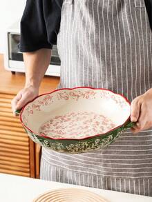 Vintage Floral Handpainted Round Ceramic Baking Dish With Handle, Kitchen Cookware Serving Plate For Salad, Pasta, Grilling, Baking, Pizza, Oven & Microwave , Suitable For Home Or Restaurant, Daily Use And Holidays - Green - View 9