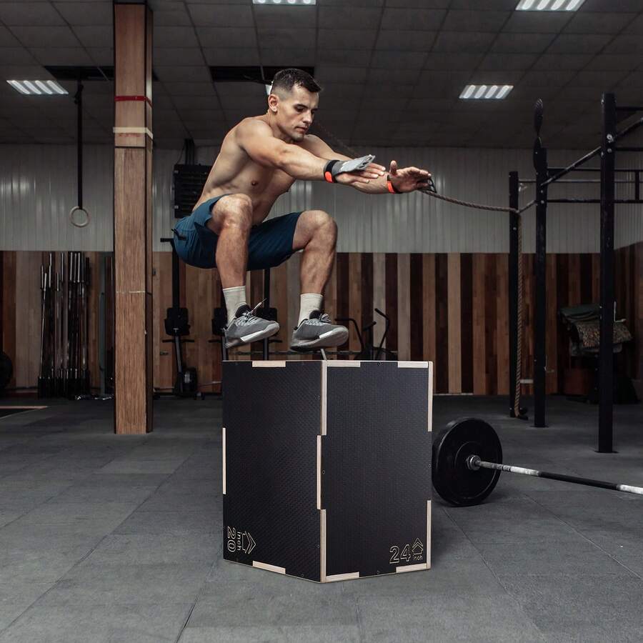 Caja de salto pliométrica 3 en 1, caja de madera de 24/20/16 pulgadas, plataforma y caja de agilidad de salto, caja antideslizante para ejercicios de fitness para entrenamiento de gimnasio en casa, entrenamiento de fuerza acondicionado, negro - 24/20/16 pulgadas - Ver 1