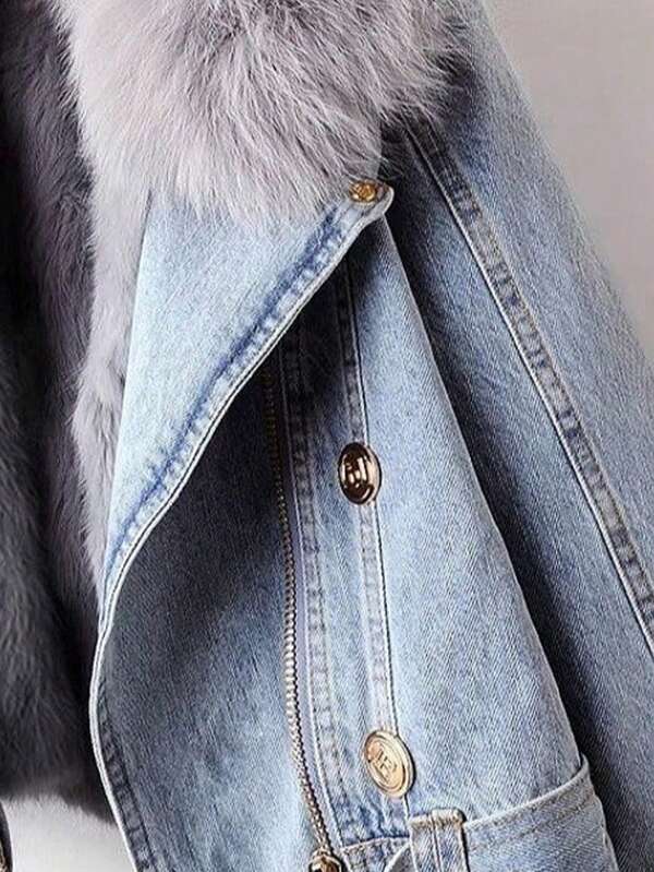 Chaqueta vaquera para mujer con cuello de piel cálido y forro de piel de conejo, chaqueta vaquera gruesa y peluda, top corto extraíble de invierno.