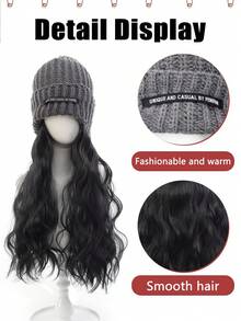 合成纤维针织帽假发，帽子接发，长款波浪卷灰色帽子假发，带合成发片，适合女性和女孩冬季佩戴 - 冷棕色/棕色/黑色