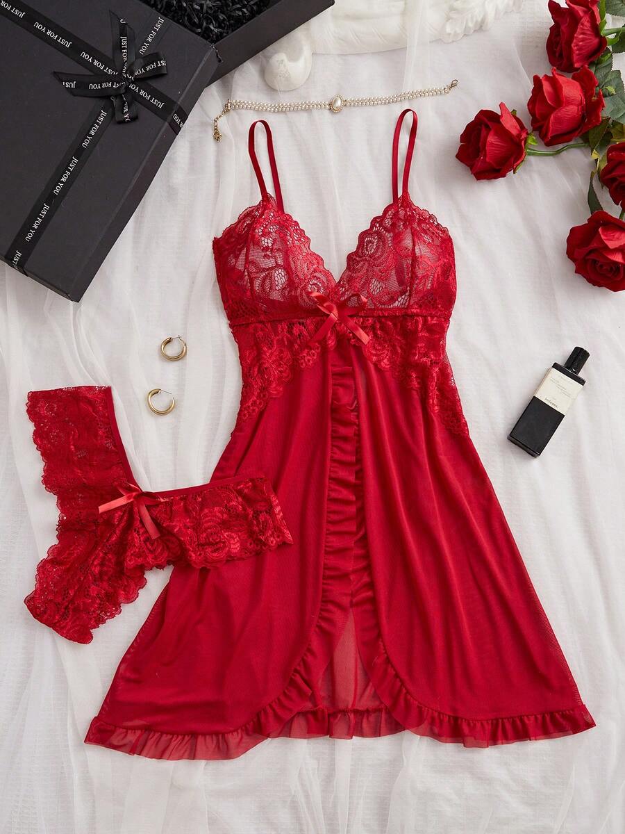 SOFUSEN Conjunto de sujetador de encaje con escote profundo en V y estilo loto, lencería versátil para el dormitorio, el baño y las fiestas - Rojo - Ver 1