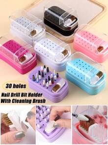 二合一美甲钻头支架和美甲钻头清洁刷盒 30 孔防尘美甲钻头展示架收纳盒美甲钻头清洁刷钻头收纳工具 - 彩色 - 查看 1