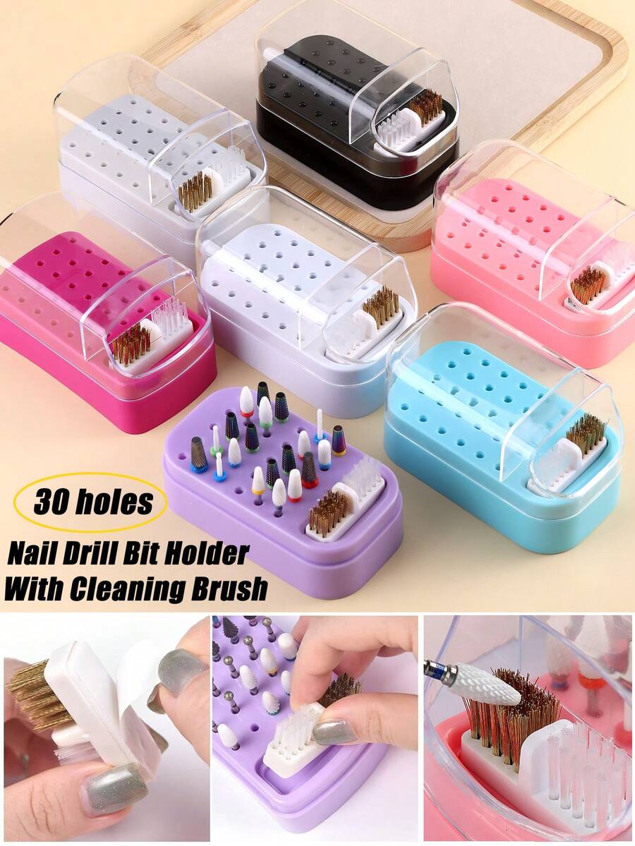 二合一美甲钻头支架和美甲钻头清洁刷盒 30 孔防尘美甲钻头展示架收纳盒美甲钻头清洁刷钻头收纳工具 - 彩色 - 查看 1