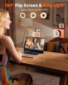 W&O Digital Camera For Photography,4k Camera With Ring Light,180° Flip Screen Camera For Vlogging With Beauty Mode,Point And Shoot Digital Cameras For Beginner With SD Card - 4K camera orange - 查看 2