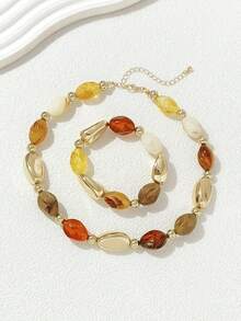 Bộ 2 chiếc/Bộ vòng cổ và vòng tay hạt nhựa phóng đại phong cách Boho cổ điển, phù hợp cho nữ - Vòng cổ/Vòng tay AA - Xem 6