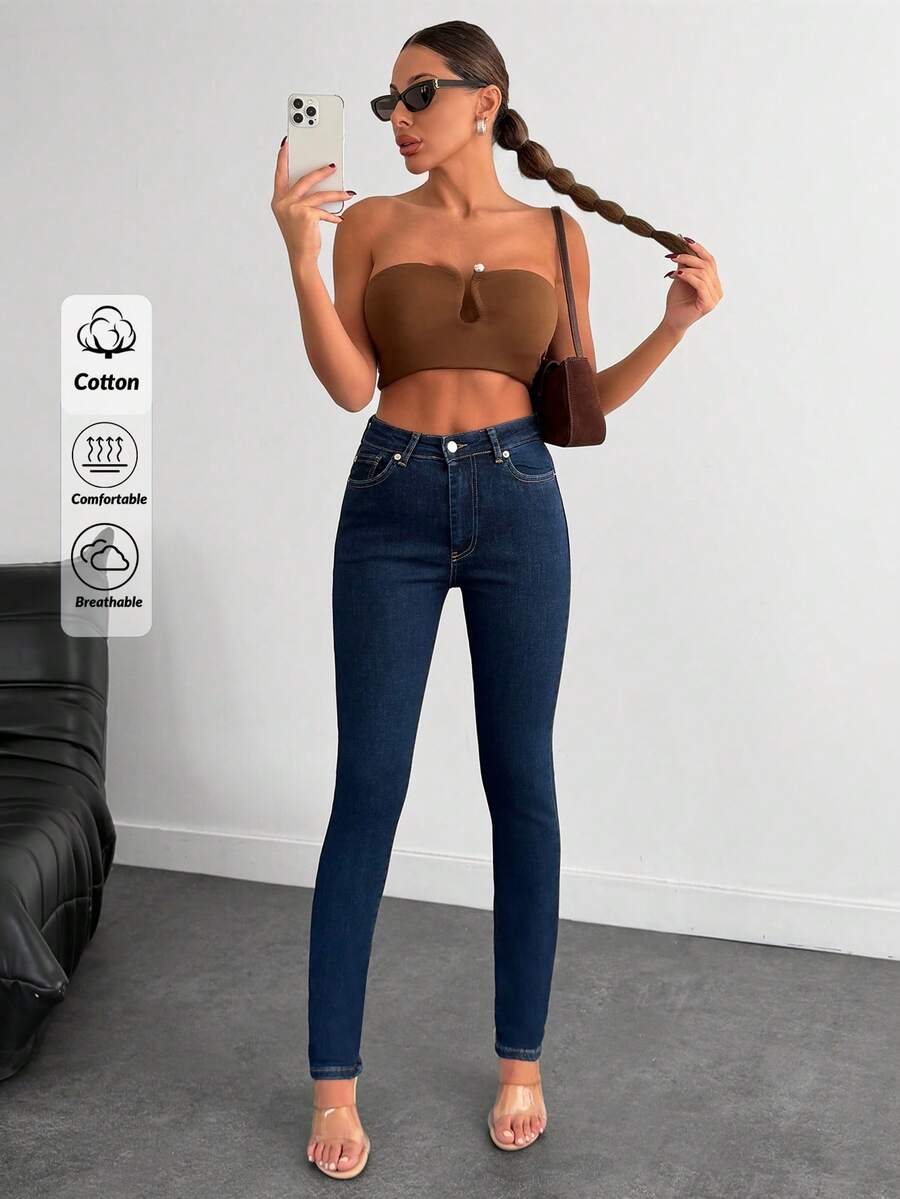 Stylish Women's Dark Wash Skinny Jeans Long Denim With Pockets And Button Zipper Closure For Casual Look - Navy Blue - View 1