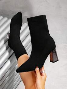 French Style High Heel Ankle Boots, Pointed Toe, Black, Chunky Heel, Elastic, Slim Fit, Autumn/Winter - Black - View 1