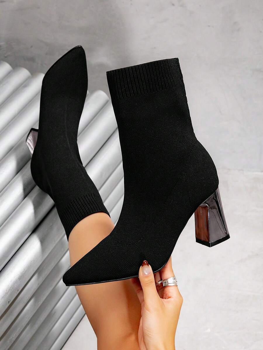 French Style High Heel Ankle Boots, Pointed Toe, Black, Chunky Heel, Elastic, Slim Fit, Autumn/Winter - Black - View 1