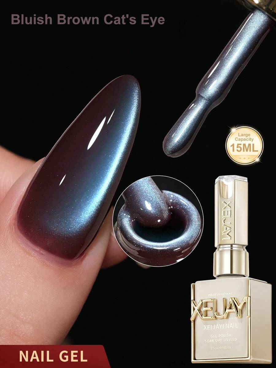 XEIJAYI 1支15毫升棕蓝色猫眼半永久美甲凝胶，可浸泡在UV/LED灯下，适用于美甲沙龙DIY