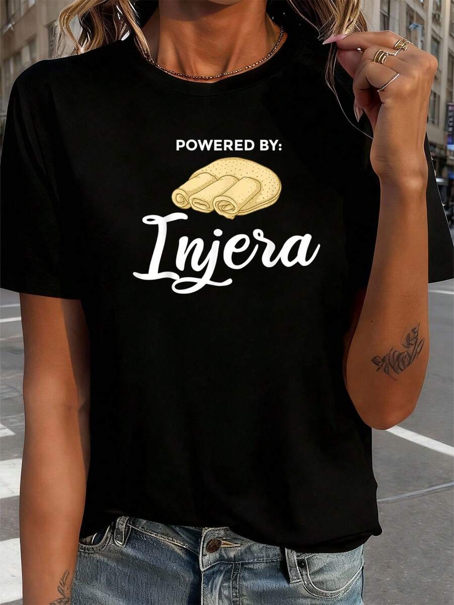 Injera Brot Geschenk Rezept Teff Äthiopien T-Shirt Damen T-Shirt Grafik T-Shirts Crop Tops Outfits Tops T-Shirt - Schwarz - Übersicht 1