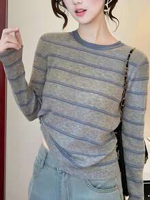 女士柔软法式条纹圆领毛衣，秋冬休闲款 - 淺灰色 - 查看 1
