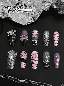 10片手工棺材形美甲贴纸，精致假指甲，DIY美甲，黑粉虎纹元素，饰以星星、蝴蝶结和钻石，完美展现暗黑甜美少女风格，适合女孩和女士在婚礼、派对、节日等场合佩戴，是理想的美甲套装礼品。 - 彩色 - 查看 4