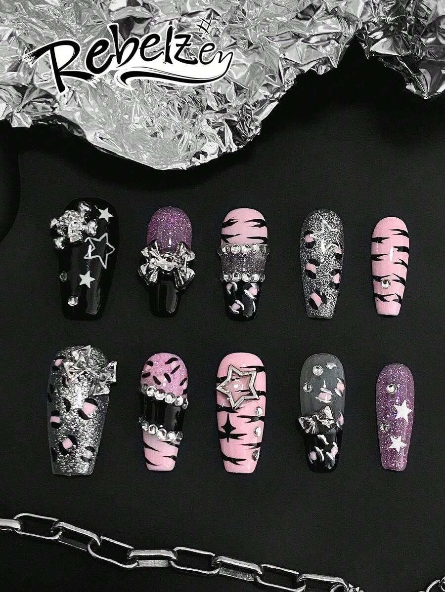 10 piezas de pegatinas de arte de uñas hechas a mano, uñas postizas con forma de almendra, incluye estrellas 3D, lazos, cadenas de rhinestones, patrones de leopardo y cebra, excelente para el Día de la Madre, graduación, regalos de vacaciones, kit de arte de uñas DIY con herramientas de manicura completas