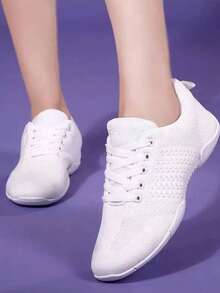 A Pair Of Women's Lightweight Gymnastics Training Shoes, White Low-Top, Elastic Band Style, Comfortable And Breathable, Athletic Shoes Suitable For Cheerleading, Fitness, Competitions, Aerobic Exercises, Yoga And Dance, Fashionable Flat White Sneakers, Shoes, Women's Shoes.