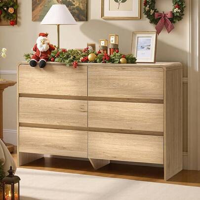 6 Drawer Dresser For Living Space, 49'' Long Modern Chest Of Storage Drawers With Rounded Corners, Wood Cabinet Organizer For Apartment, Nursery, Entryway, Easy Assembly